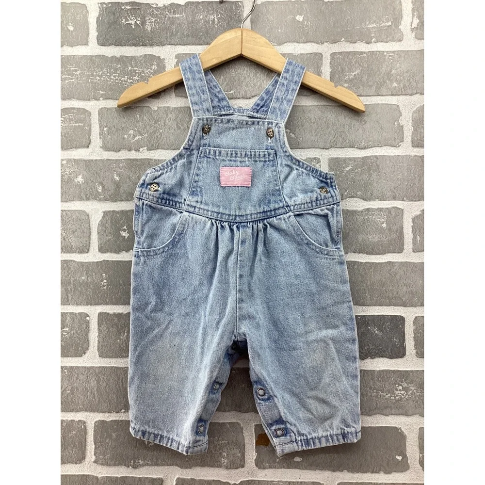 Vintage Baby OshKosh Bgosh Denim Overalls Light Wash Pink Label USA Made 12M